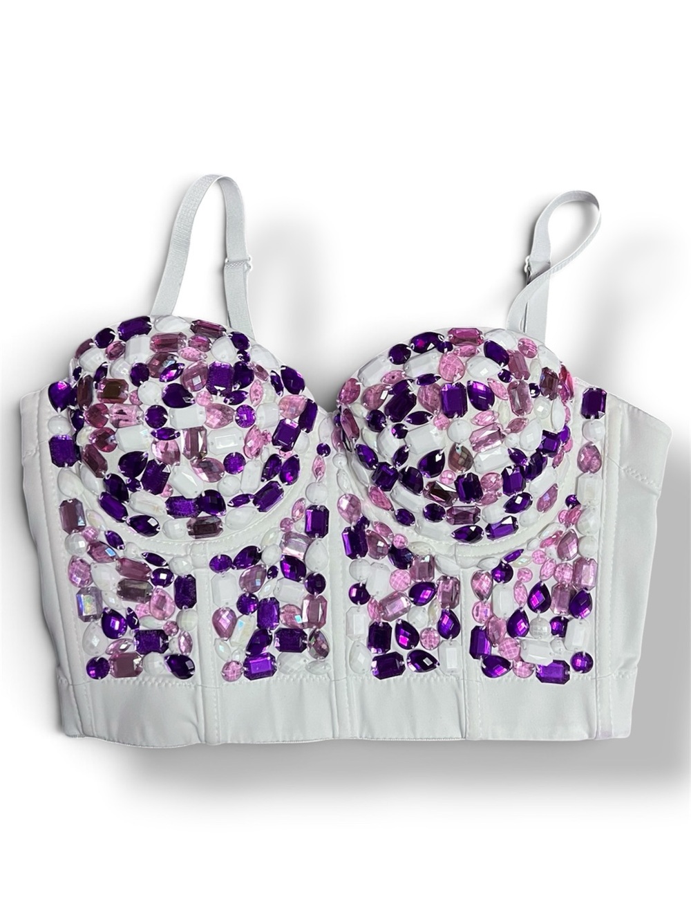 Fashion Nova White Bustier Crop Top with Purple & Pink Gemstones
